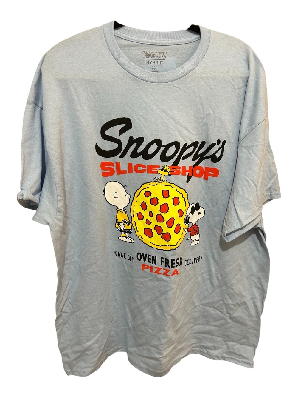 Peanuts Light Blue Unisex Adult Tee with Snoopy Pizza Graphic size XXL